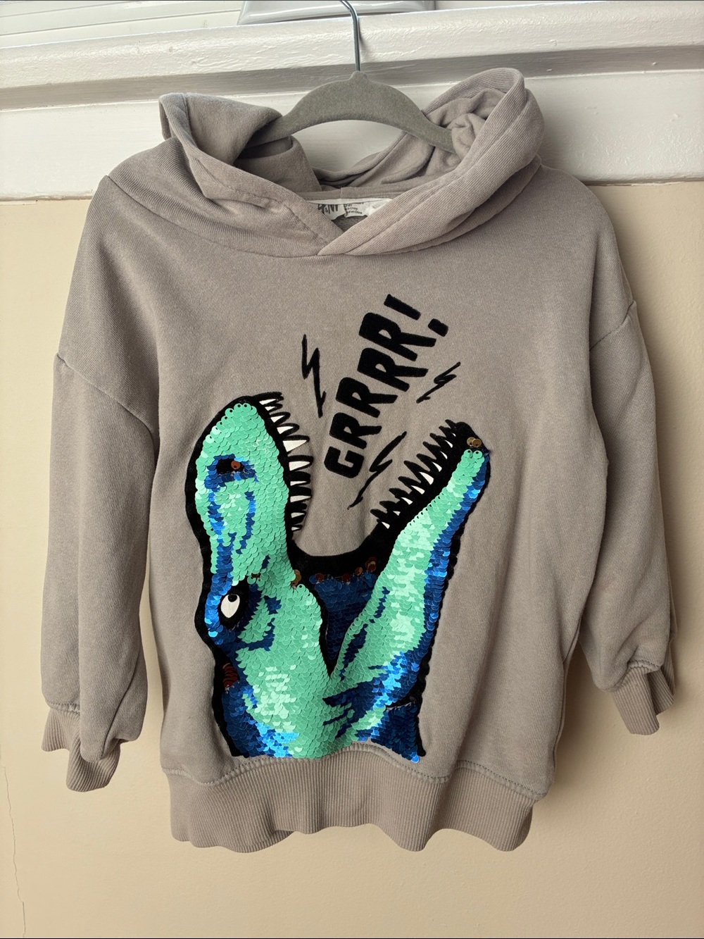 H&M Gray Hoodie with Turquoise & Blue Sequin Dinosaur